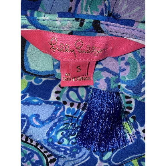 Lilly Pulitzer Marilina Top Tunic Tassels Blue Grotto Twilight Tropics Sz Small - Picture 10 of 12
